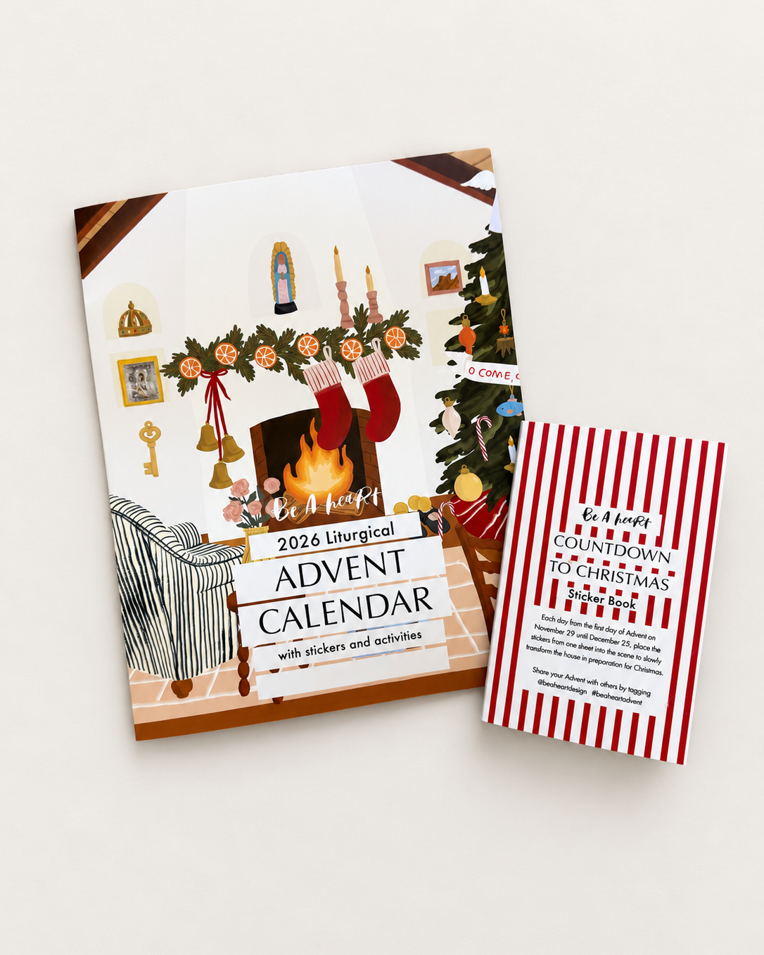 2026 Liturgical Advent Calendar with Catholic feast day stickers, illustrated Christmas mantel cover