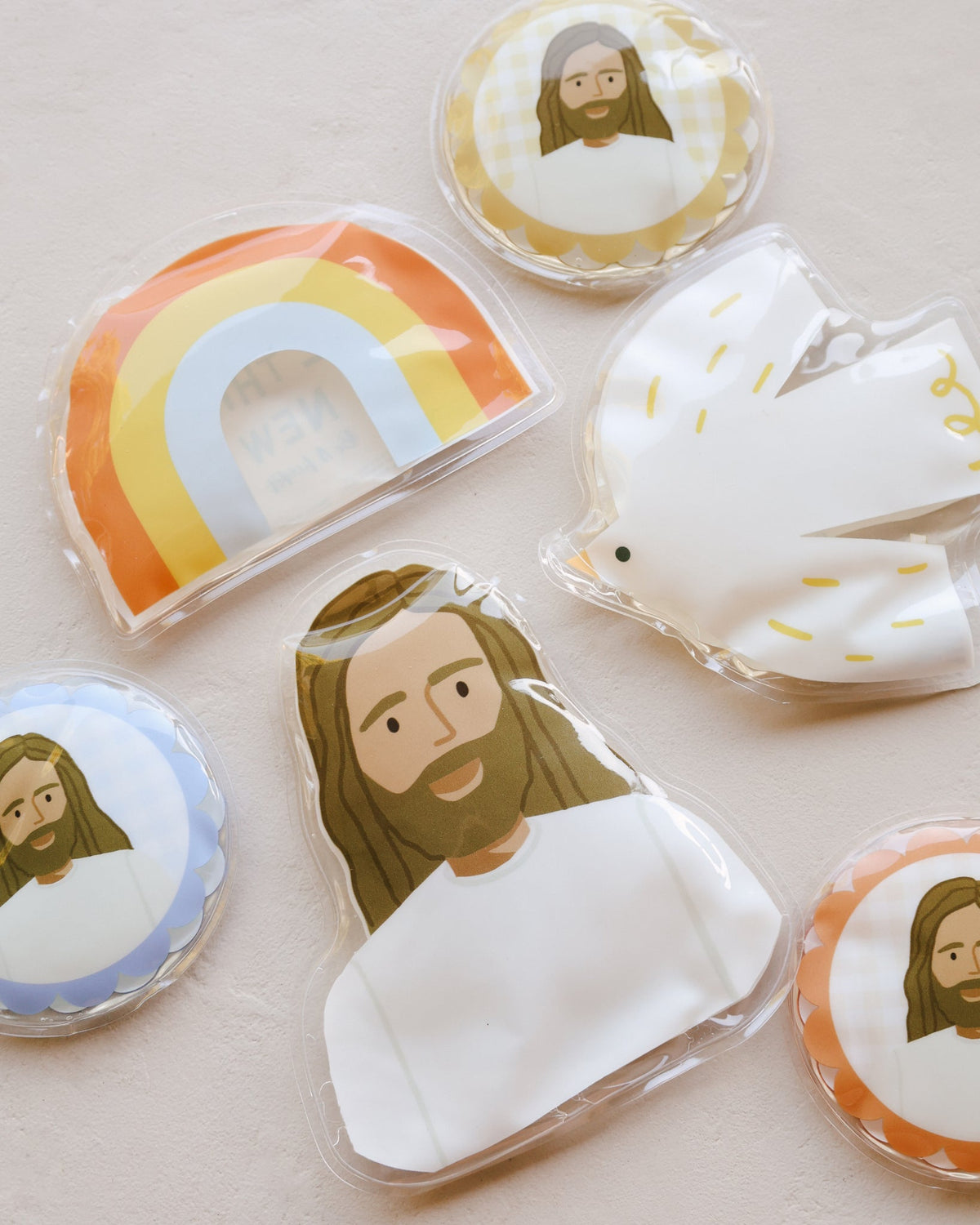 Jesus Heals Hot & Cold Ice Packs with Trinity Hot & Cold Gel Packs in rainbow, dove and Jesus shapes