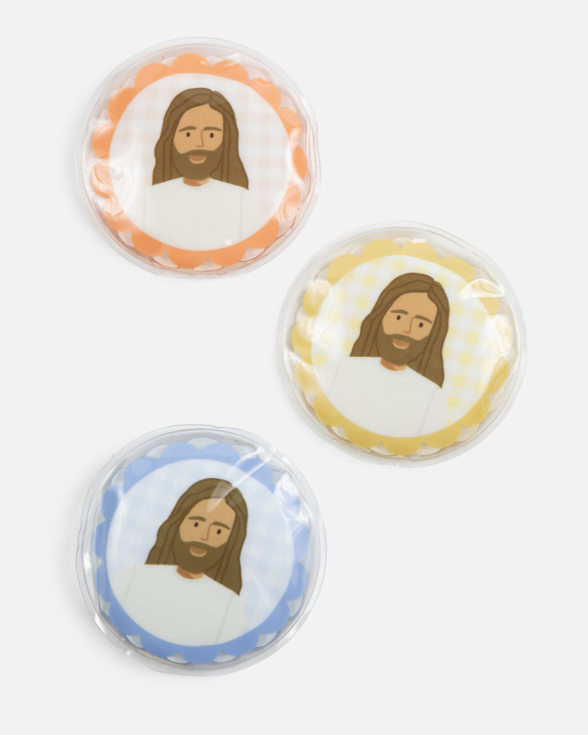 Jesus Heals Hot & Cold Ice Packs, set of 3 round reusable gel packs in orange, yellow and blue gingham with Jesus