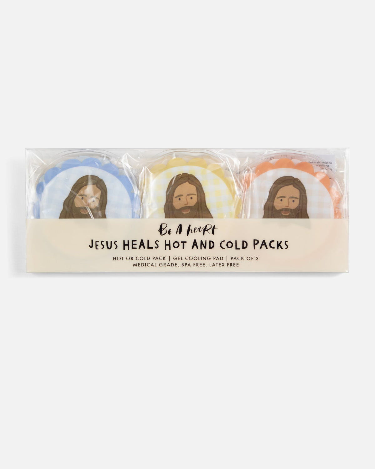 Jesus Heals Hot and Cold Packs in packaging, pack of 3 reusable gel packs, BPA free and latex free