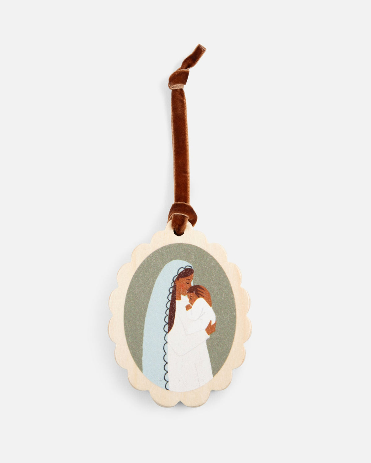 Madonna and Child wooden Christmas ornament with scalloped edge and leather hanger